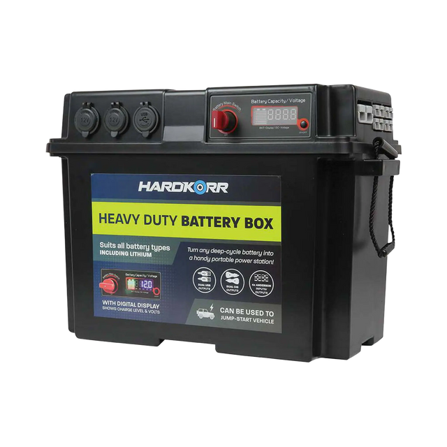 Black Hardkorr battery box front right view with covered sockets, a digital display and side Anderson ports.