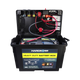 Black Hardkorr battery box open with a battery installed and positive and negative wiring visible beneath the lid.