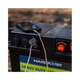 Black Hardkorr battery box USB socket close up with a phone connected on the lid.