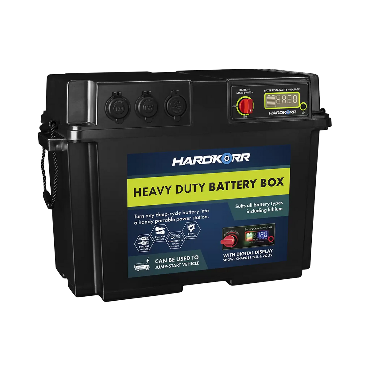 Black Hardkorr battery box front left view with a red control knob, covered sockets and carrying handles.