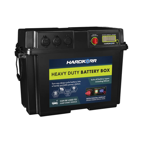 Black Hardkorr battery box front left view with a red control knob, covered sockets and carrying handles.