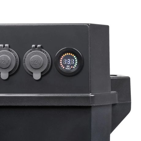 Hardkorr Battery Box Pro voltmeter dial and covered cigarette socket close-up.