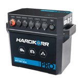 Hardkorr Battery Box Pro angled front view with usb ports and sockets across the top.