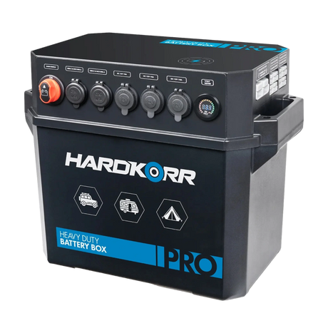 Hardkorr Battery Box Pro angled front view with usb ports and sockets across the top.