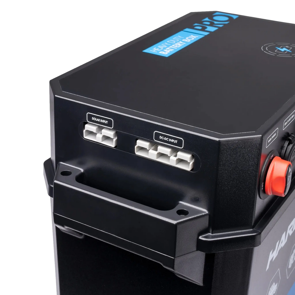 Hardkorr Battery Box Pro corner view showing side ports and handle recess.