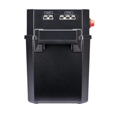 Hardkorr Battery Box Pro side view with anderson plug inputs and side handle.