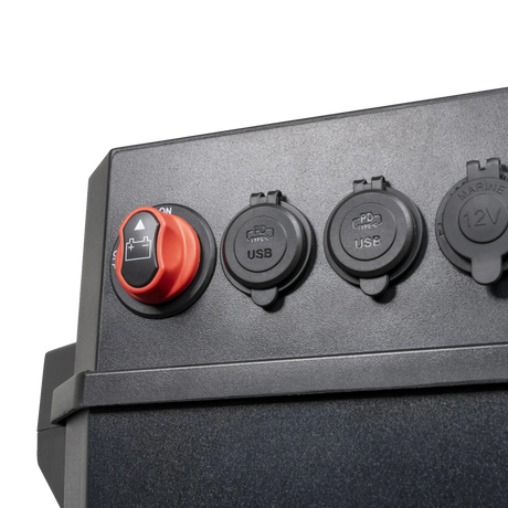 Hardkorr Battery Box Pro top corner with closed USB and socket covers.