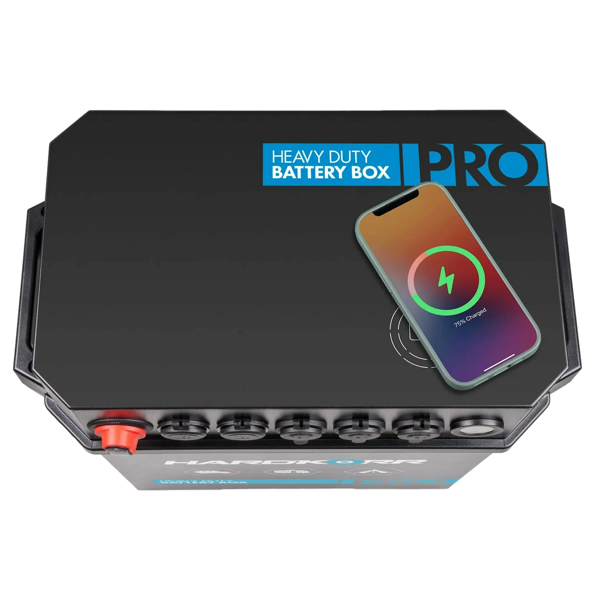Hardkorr Battery Box Pro top view with phone charging on the lid.