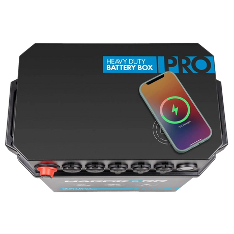 Hardkorr Battery Box Pro top view with phone charging on the lid.
