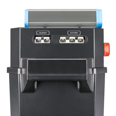 Hardkorr Battery Box Pro with DCDC Charger rear panel with solar and DCDC inputs.