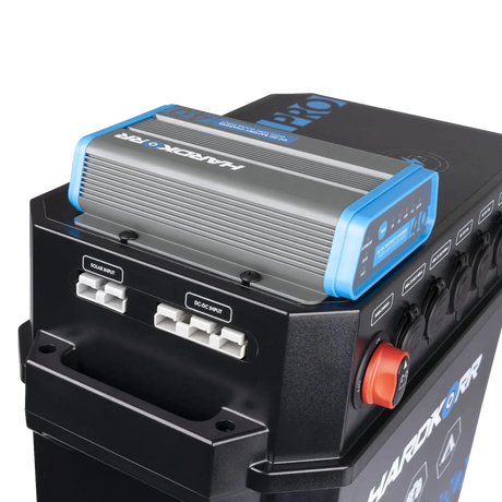 Hardkorr Battery Box Pro with DCDC Charger side view with solar and DCDC input sockets.