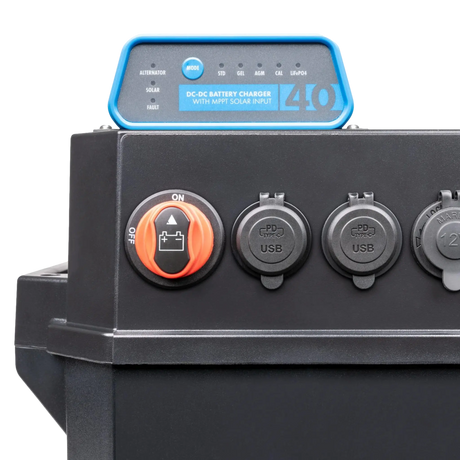 Hardkorr Battery Box Pro with DCDC Charger front control panel close-up.