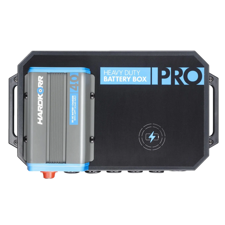 Hardkorr Battery Box Pro with DCDC Charger top view with charger mounted on lid.