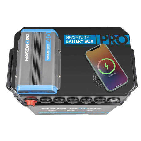 Hardkorr Battery Box Pro with DCDC Charger top view with phone charging .
