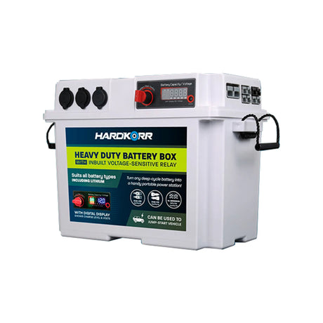 White Hardkorr battery box front right view with covered sockets, a digital display and side Anderson ports.