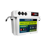 White Hardkorr battery box front left view with covered sockets, a red control knob and carrying handles.