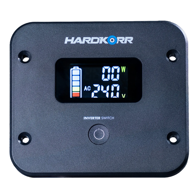 Hardkorr LS inverter remote front view with digital display and inverter switch button.