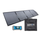 Hardkorr MKII 200W solar mat unfolded beside its carry bag and 15A solar regulator.