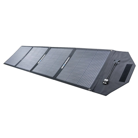 Hardkorr MKII 200W solar mat front right view with solar cells and an Anderson plug.