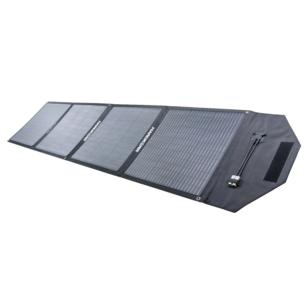 Hardkorr MKII 200W solar mat front right view with solar cells and an Anderson plug.