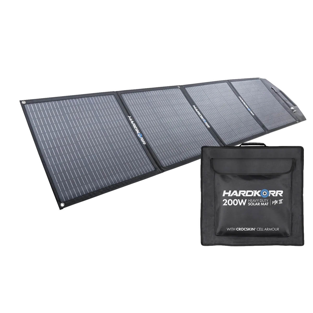 Hardkorr MKII 200W solar mat unfolded beside its carry bag.