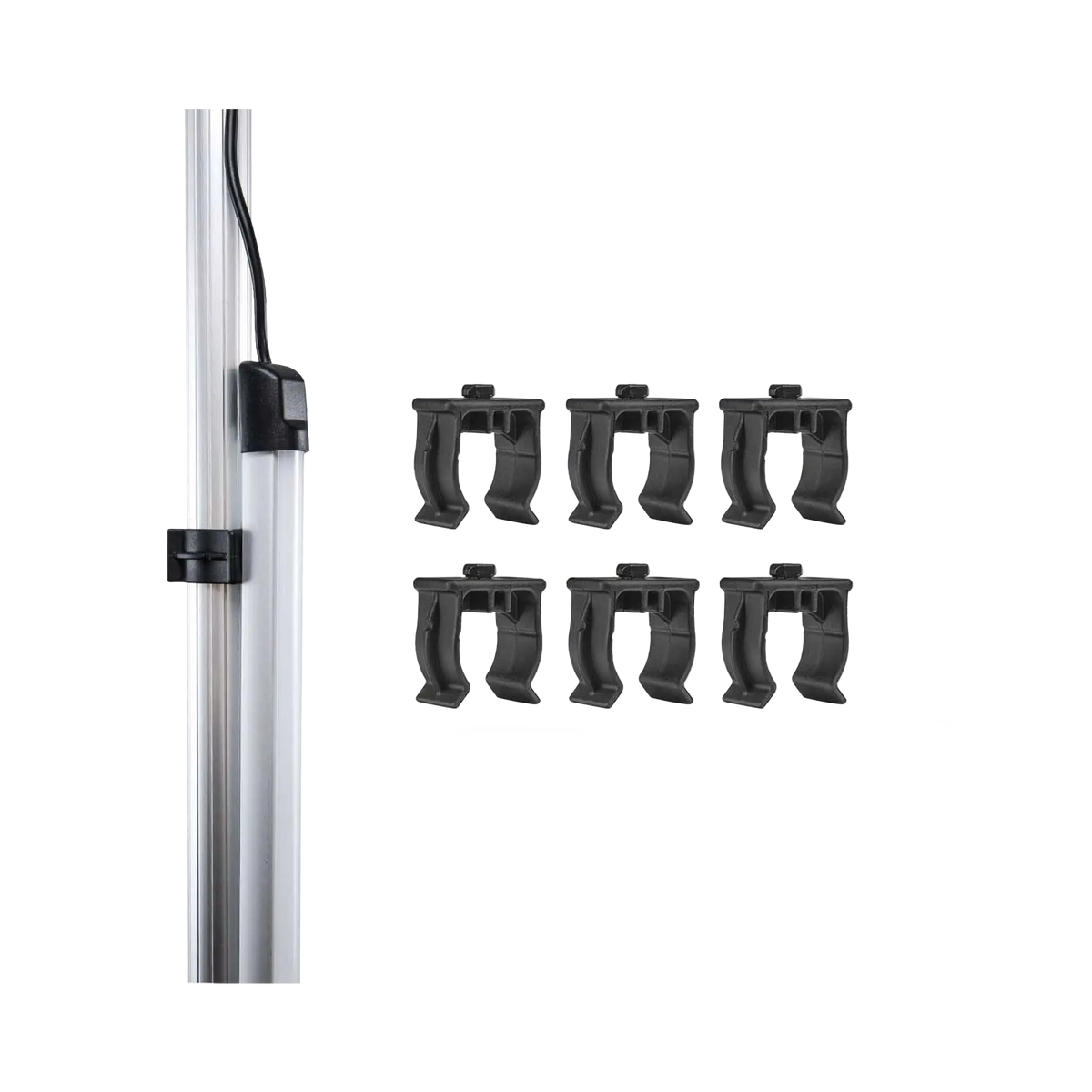 Hardkorr pole clips for lightbars and dimmers, with six loose clips beside a light bar mounted on a pole.
