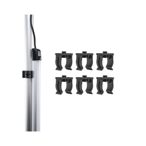 Hardkorr pole clips for lightbars and dimmers, with six loose clips beside a light bar mounted on a pole.