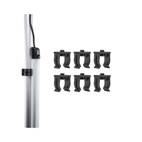 Hardkorr pole clips for lightbars and dimmers, with six loose clips beside a light bar mounted on a pole.