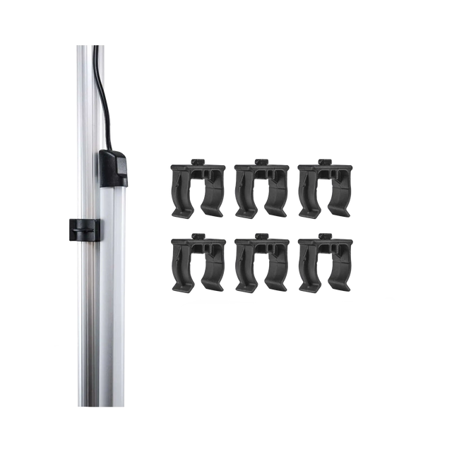 Hardkorr pole clips for lightbars and dimmers, with six loose clips beside a light bar mounted on a pole.