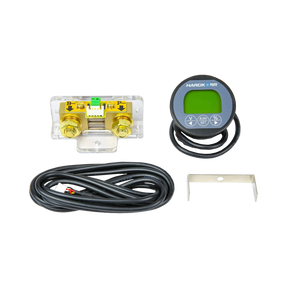 Hardkorr remote battery monitor kit with a round LCD display, 100V/500A shunt, cables and mounting bracket.
