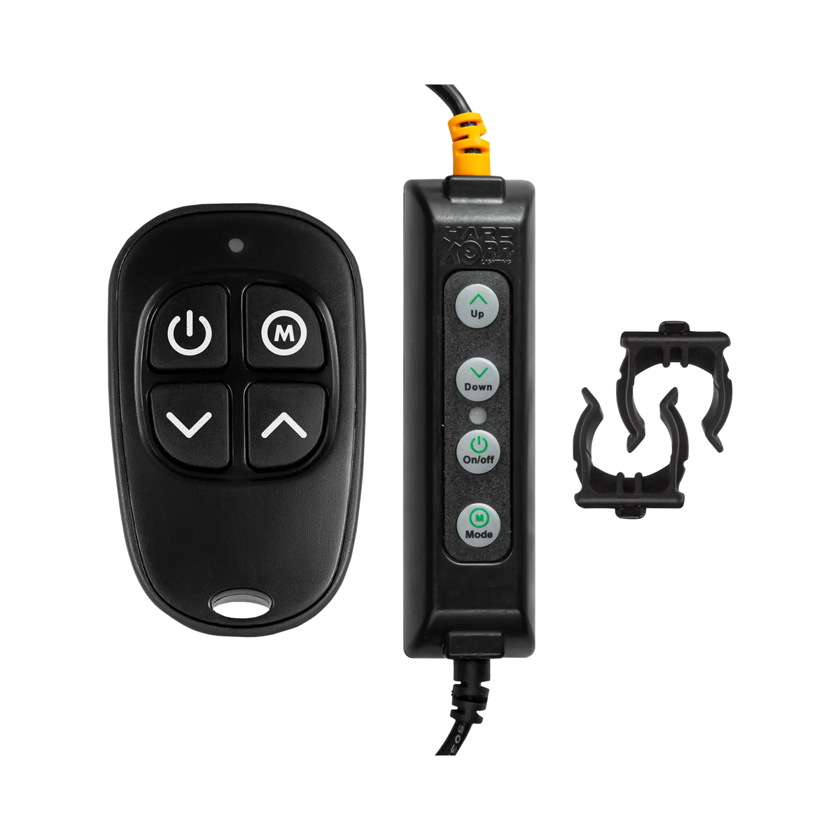 Hardkorr wireless remote dimmer with a four button handset, wired dimmer and two pole clips.