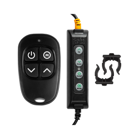Hardkorr wireless remote dimmer with a four button handset, wired dimmer and two pole clips.