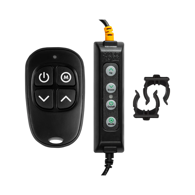 Hardkorr wireless remote dimmer with a four button handset, wired dimmer and two pole clips.