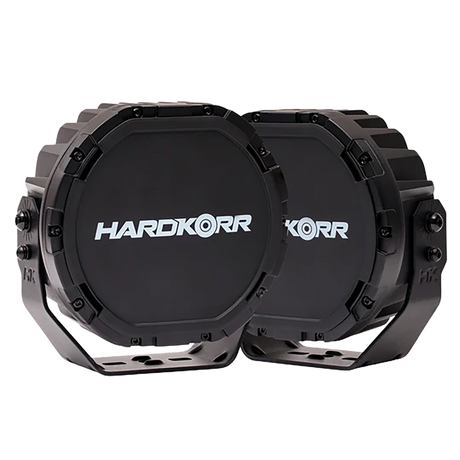 Hardkorr XD Series 7 inch LED driving lights with black protective covers fitted.