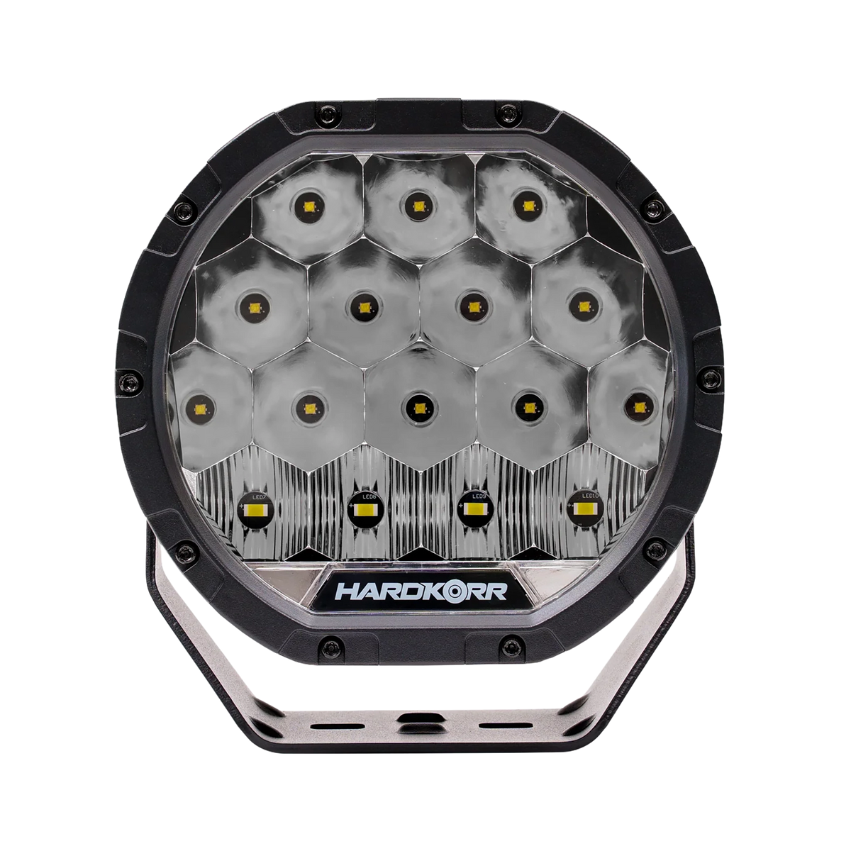 Hardkorr XD Series 7 inch LED driving light front view with round reflectors above a row of smaller LEDs.