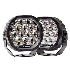 Hardkorr XD Series 7 inch LED driving lights in a pair with silver mounting brackets.