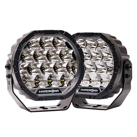 Hardkorr XD Series 7 inch LED driving lights in a pair with silver mounting brackets.
