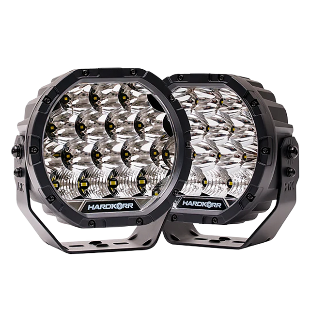Hardkorr XD Series 7 inch LED driving lights in a pair with silver mounting brackets.