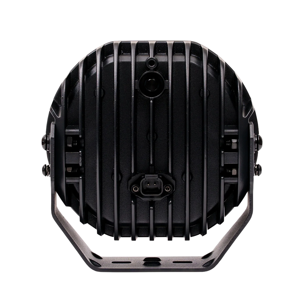 Hardkorr XD Series 7 inch LED driving light rear view with cooling fins and power socket.