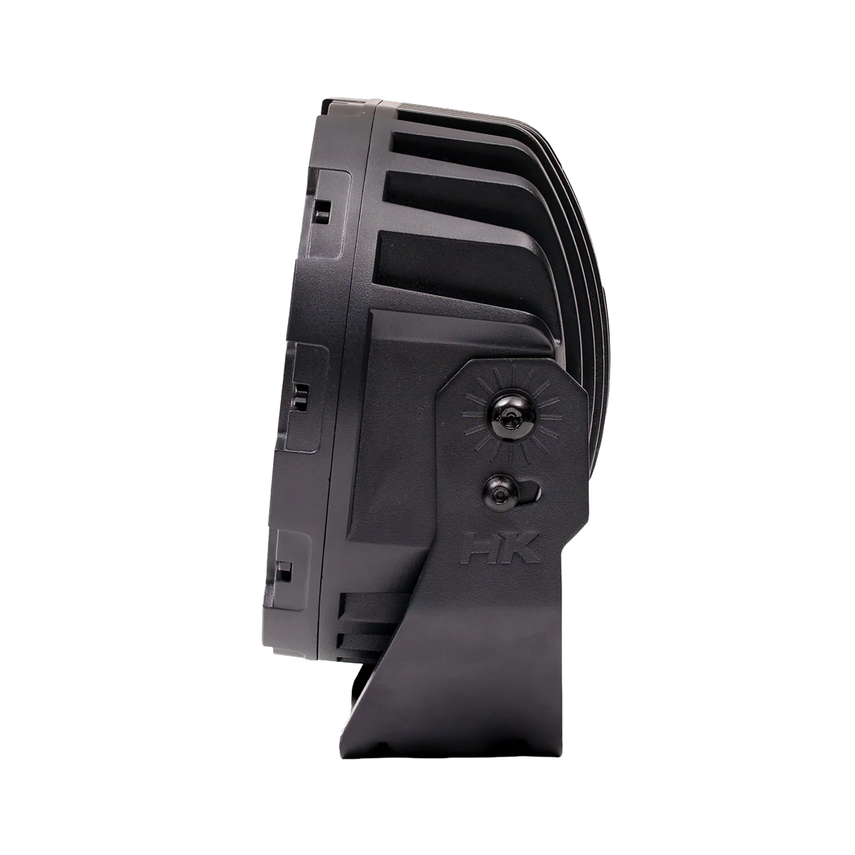 Hardkorr XD Series 7 inch LED driving light side view with cooling fins and bracket bolts.