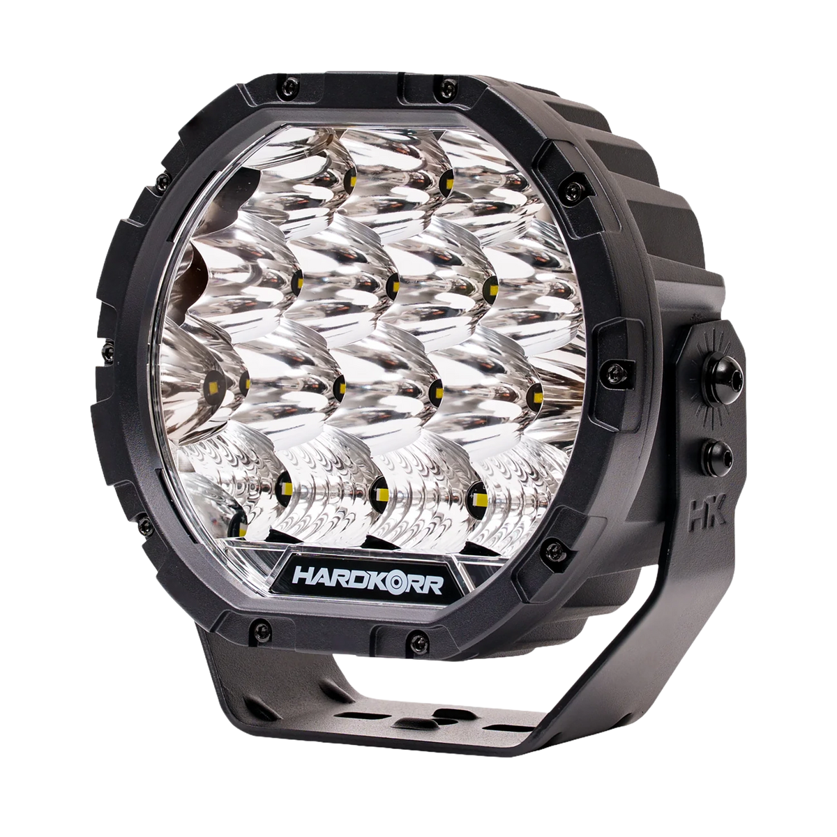 Hardkorr XD Series 7 inch LED driving light in a front right view with reflectors and mounting bracket.