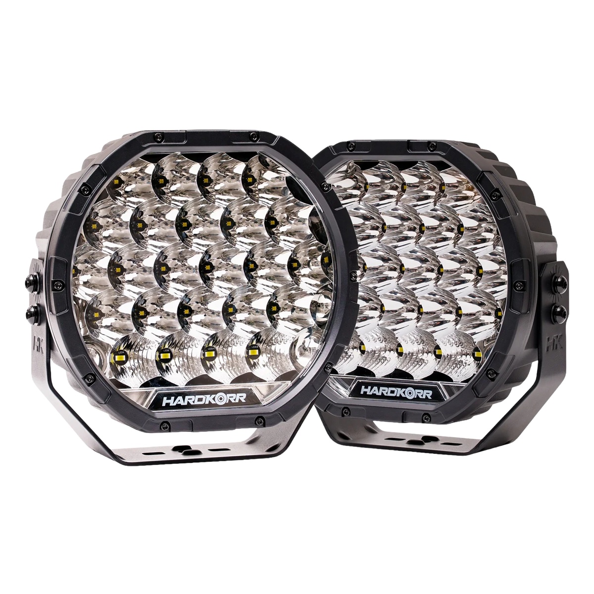Pair of Hardkorr XD Series 9 inch LED driving lights with exposed LED reflectors and mounting brackets.