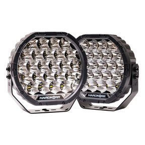 Pair of Hardkorr XD Series 9 inch LED driving lights with exposed LED reflectors and mounting brackets.