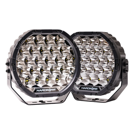 Pair of Hardkorr XD Series 9 inch LED driving lights with exposed LED reflectors and mounting brackets.
