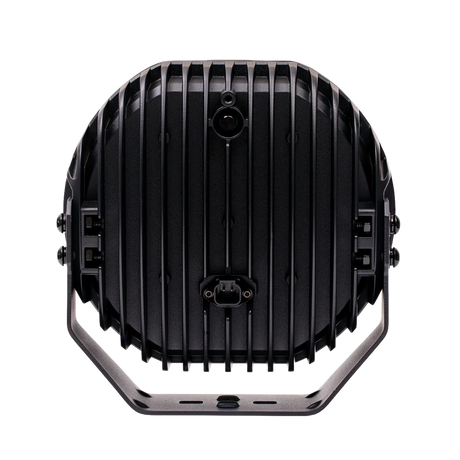 Hardkorr XD Series 9 inch LED driving light rear view with cooling fins, a lower connector and mounting bracket.