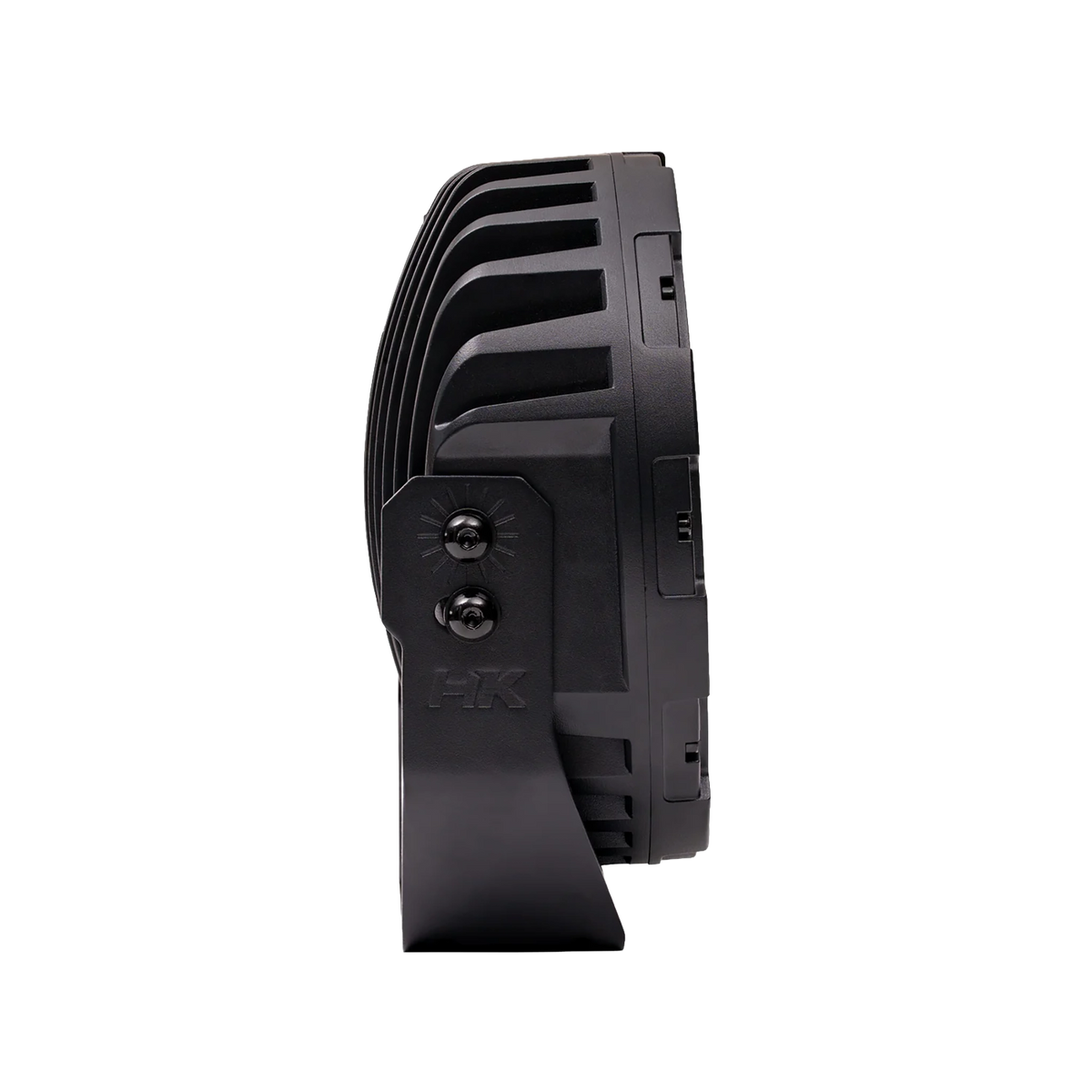 Hardkorr XD Series 9 inch LED driving light side profile with cooling fins, pivot bolts and mounting bracket.