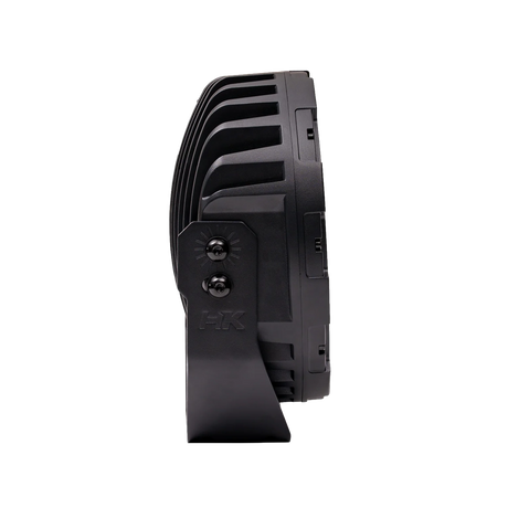 Hardkorr XD Series 9 inch LED driving light side profile with cooling fins, pivot bolts and mounting bracket.