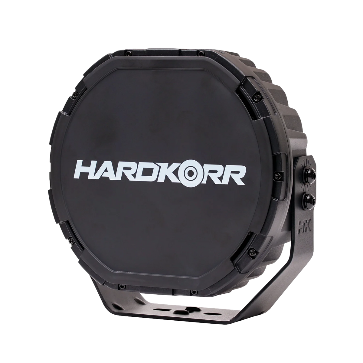 Single Hardkorr XD Series 9 inch LED driving light front right view with its black Hardkorr cover fitted.