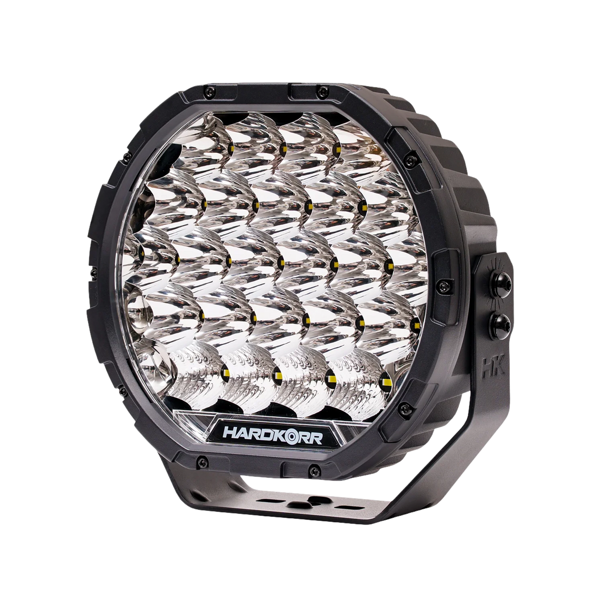 Single Hardkorr XD Series 9 inch LED driving light front right view with LED reflectors and a mounting bracket.