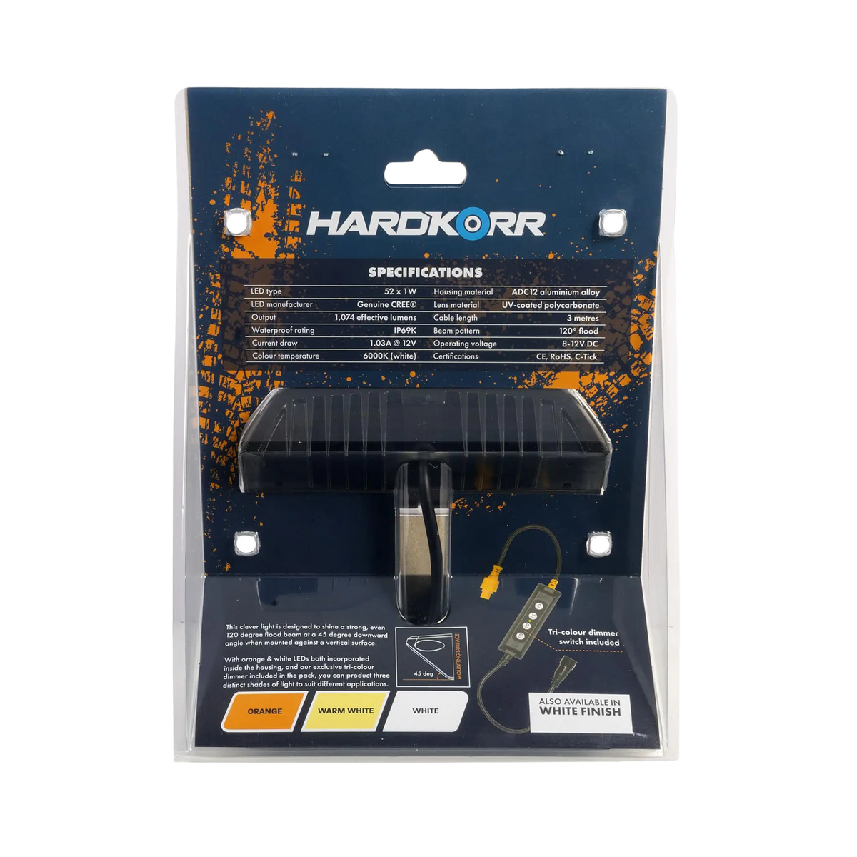 Hardkorr XDW angled tri colour LED work light rear packaging with specifications above the finned housing and cable.